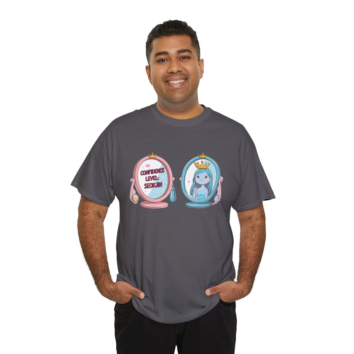 JIN Level Shirt — Cute Pink & Blue Mirrors Graphic Tee ("Comfort Level: Secure")