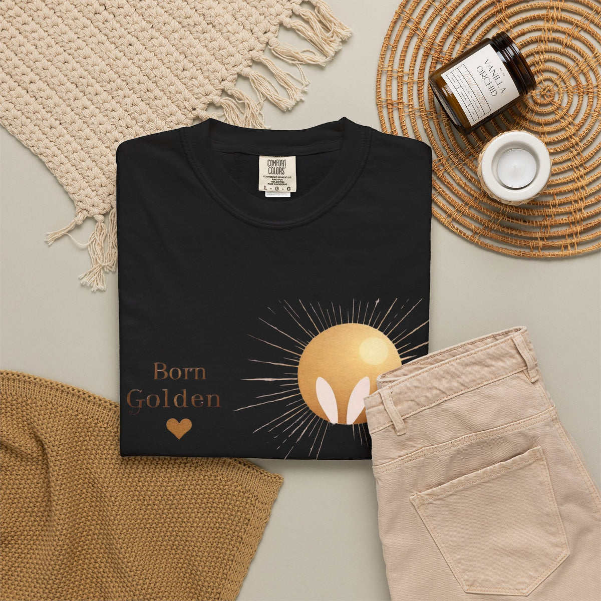 JK Born Golden Tee — Minimal Sun Badge Graphic T-Shirt