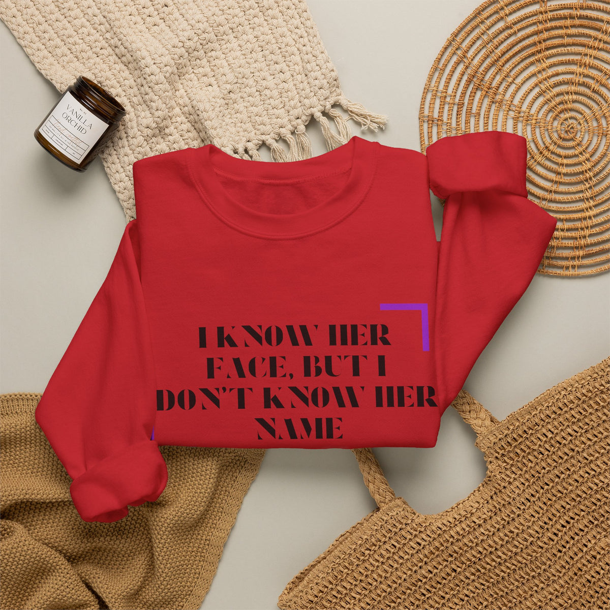 Crewneck Sweatshirt — “I Know Her Face, But I Don’t Know Her Name” Minimal Graphic