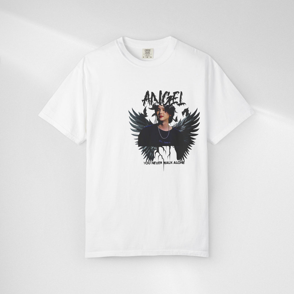 Angel Wings Graphic T-Shirt — 'Angel' Photo Tee with Dark Wing Illustration