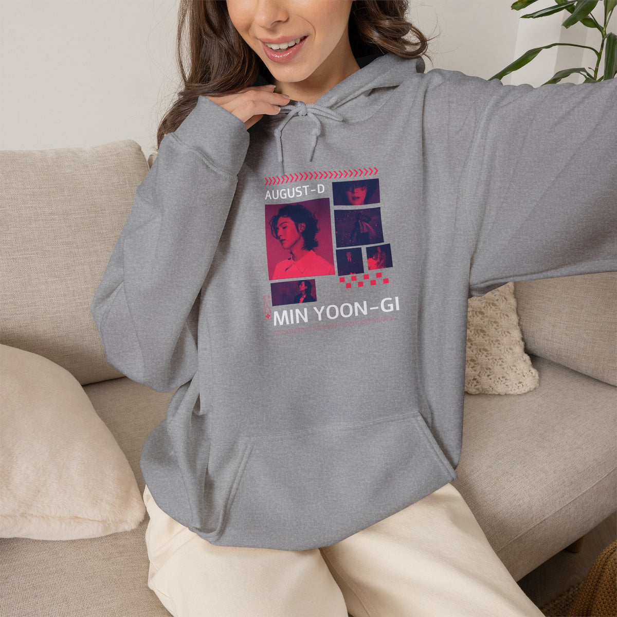 Suga Photo Collage Hoodie — Retro Pink Portraits Grid Design