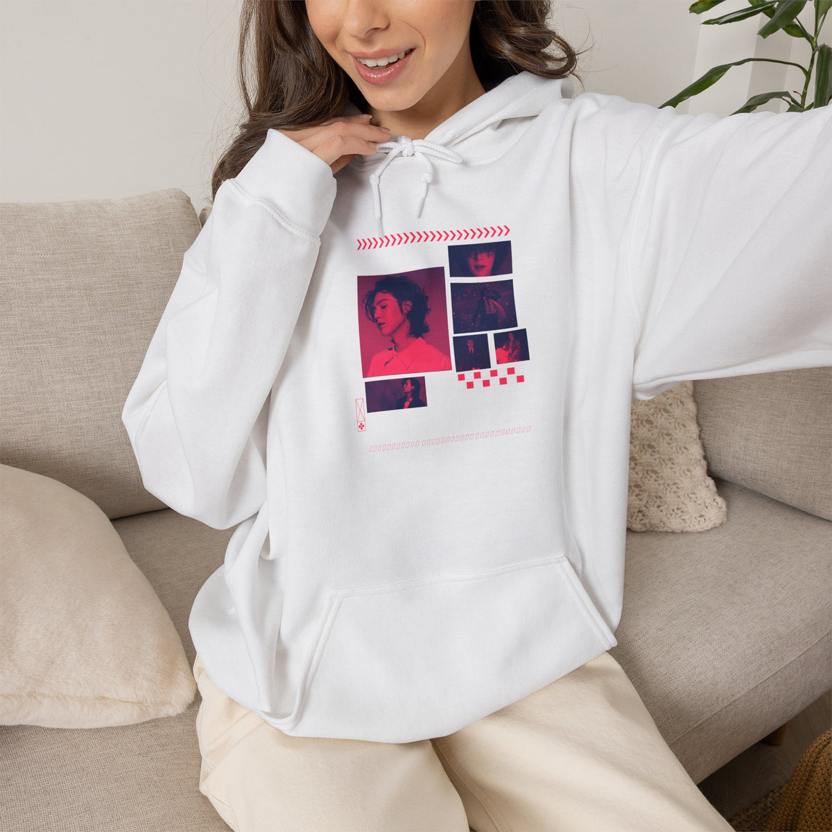 Suga Photo Collage Hoodie — Retro Pink Portraits Grid Design