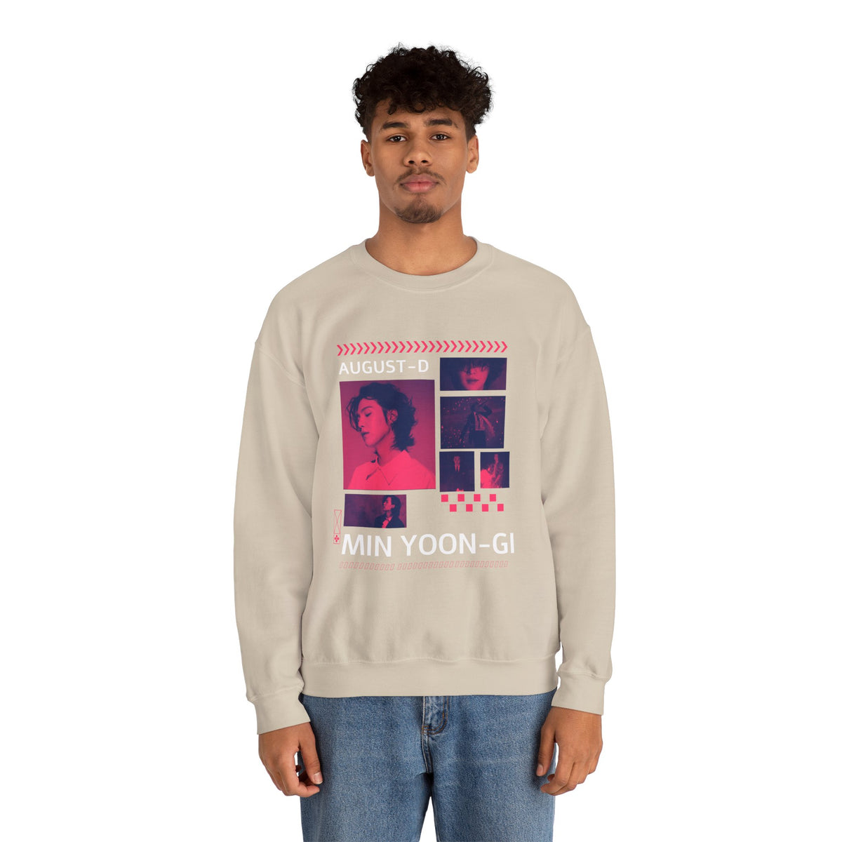 Suga Retro Photo Collage Sweatshirt — Pink Neon Portrait Crewneck