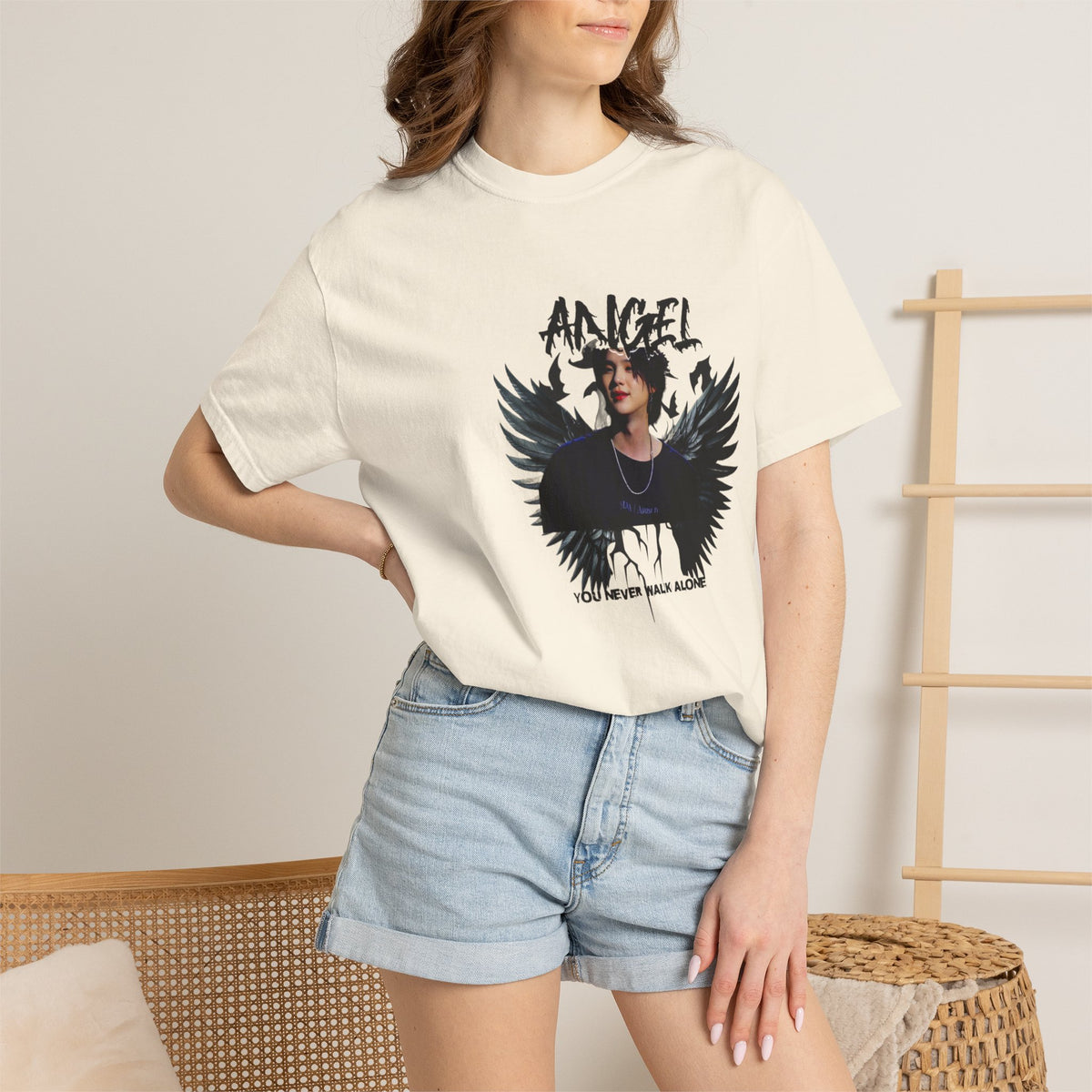 Angel Wings Graphic T-Shirt — 'Angel' Photo Tee with Dark Wing Illustration