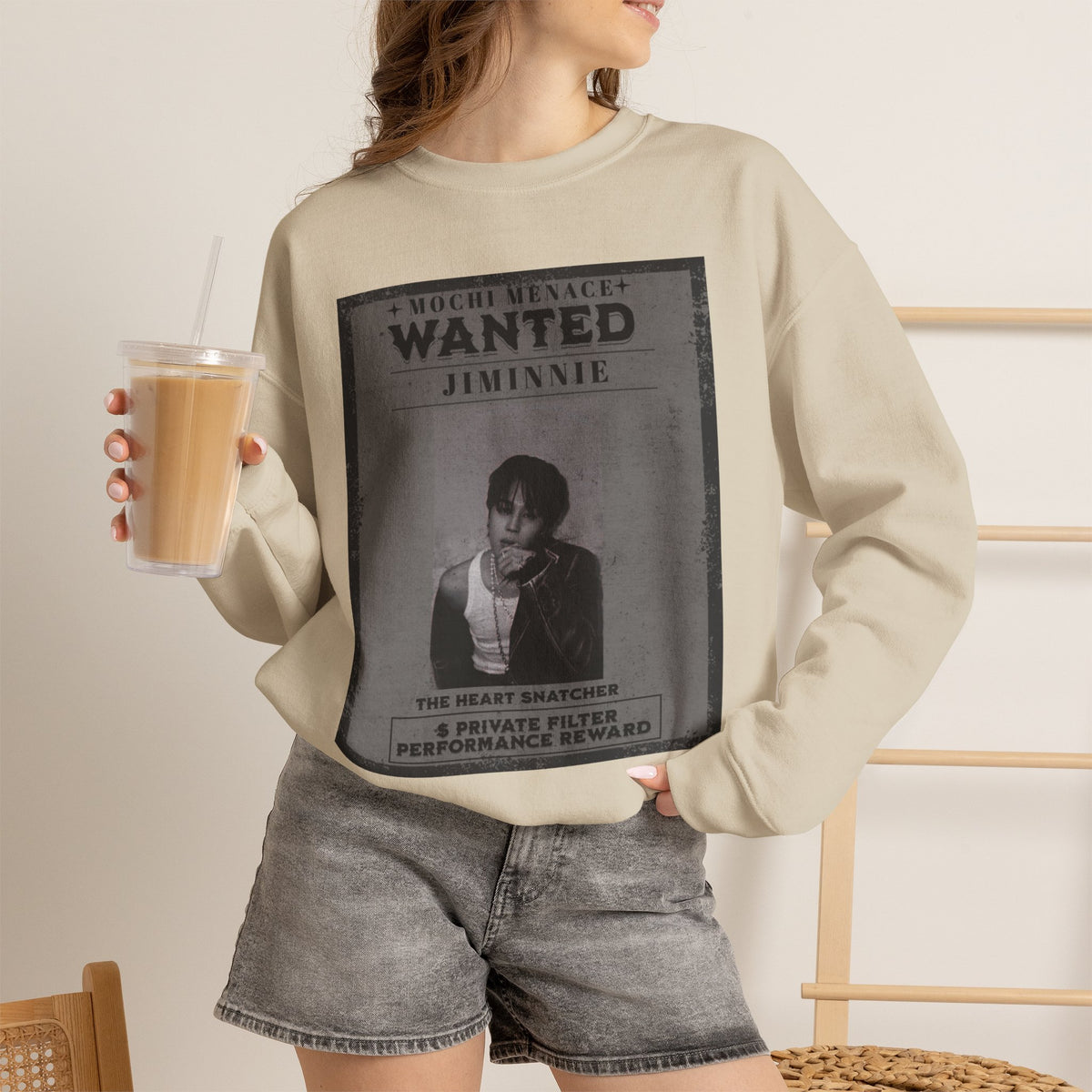 Wanted Poster Crewneck Sweatshirt — 'WANTED: Jiminie' Vintage K-Pop Graphic