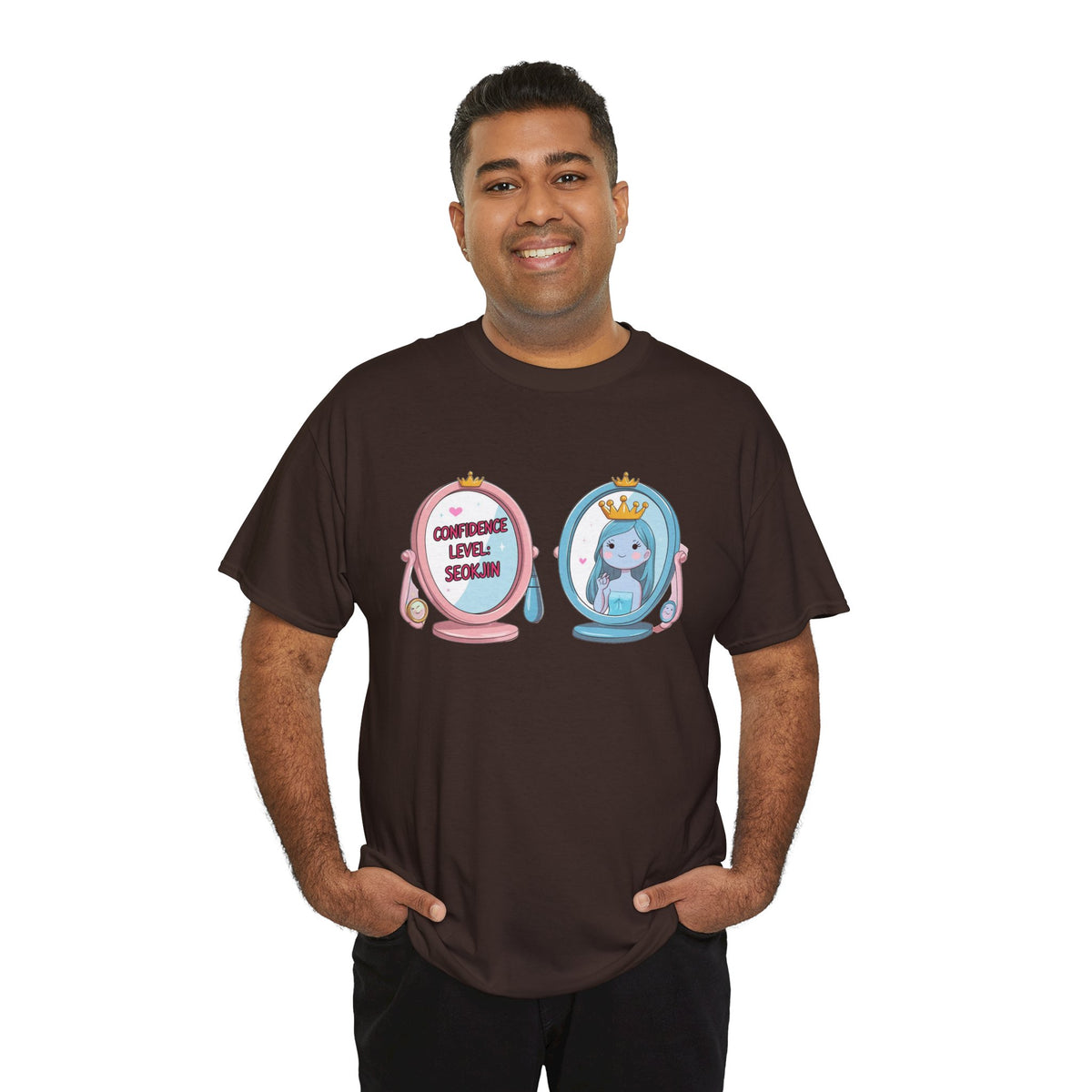JIN Level Shirt — Cute Pink & Blue Mirrors Graphic Tee ("Comfort Level: Secure")