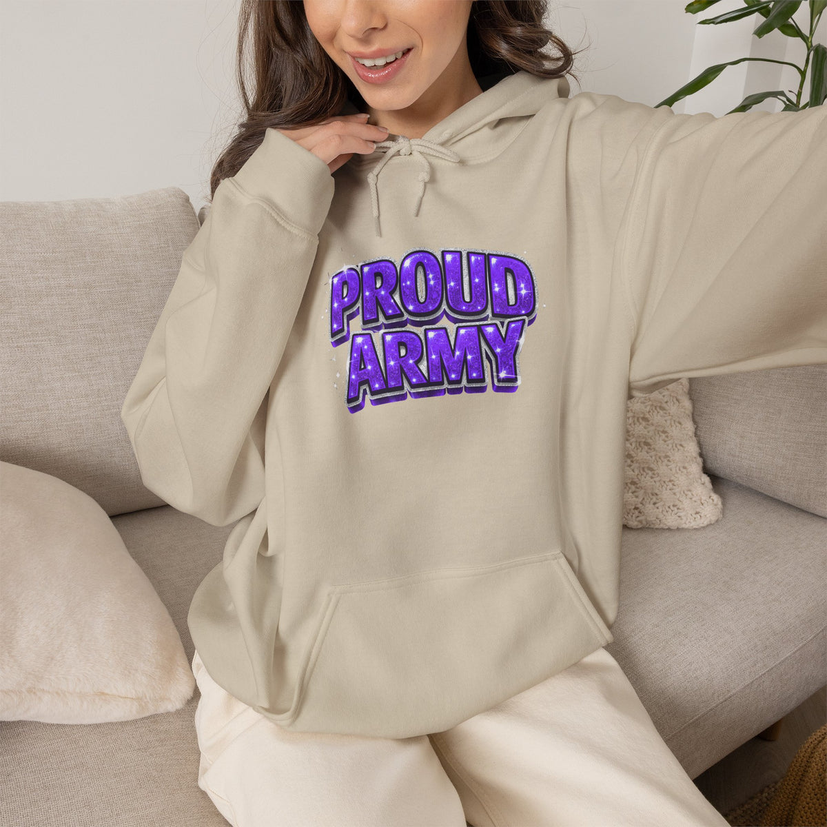 Proud Army Hoodie — Bold Purple Graphic  Pullover