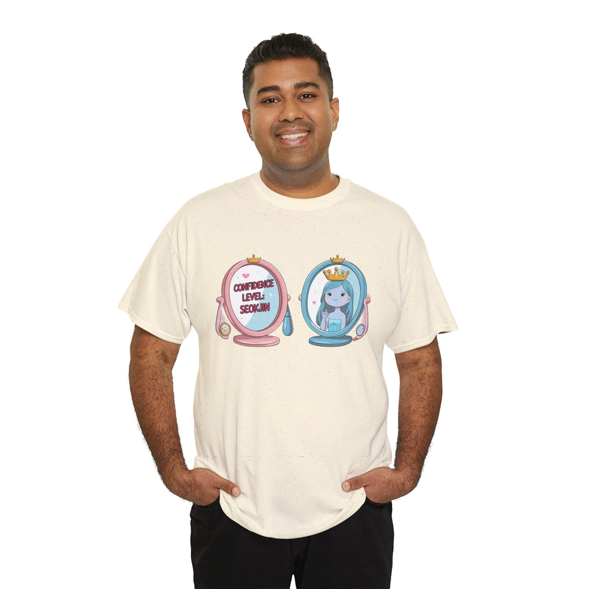 JIN Level Shirt — Cute Pink & Blue Mirrors Graphic Tee ("Comfort Level: Secure")