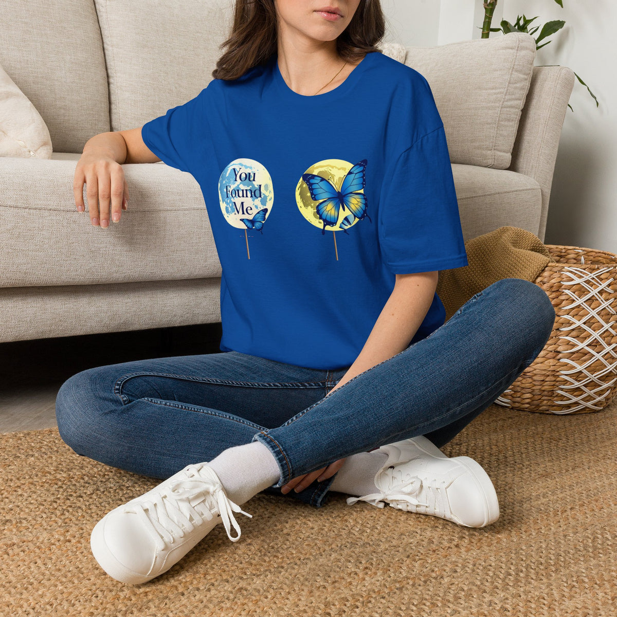 T-Shirt — 'You Found Me' Blue & Yellow Butterfly Graphic