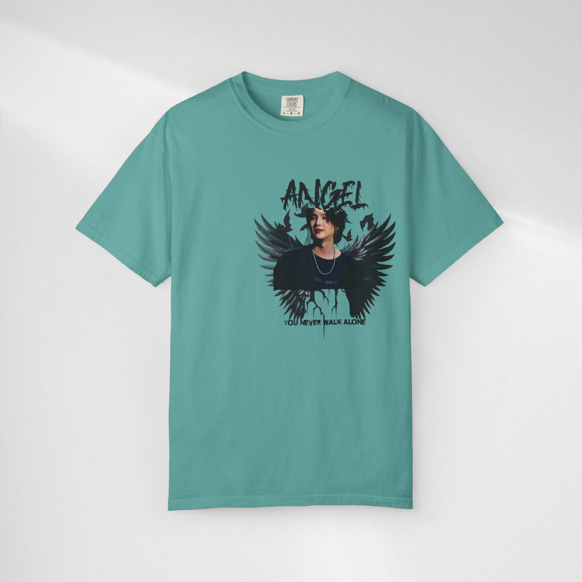 Angel Wings Graphic T-Shirt — 'Angel' Photo Tee with Dark Wing Illustration