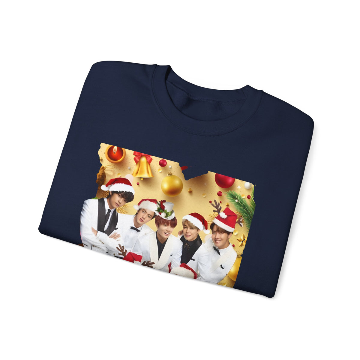 BTS Group Holiday Crewneck Sweatshirt — Festive Santa Hats Photo Design