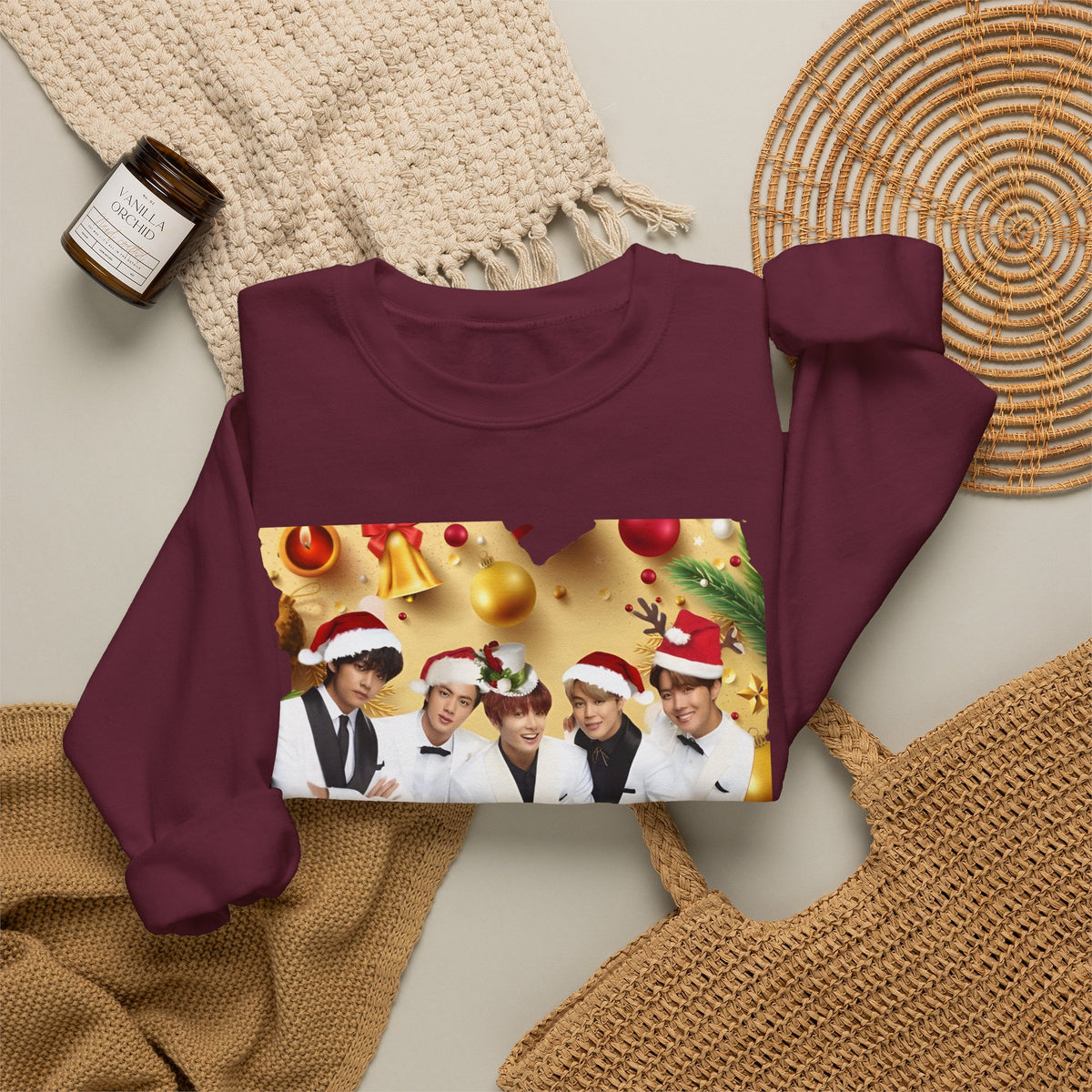 BTS Group Holiday Crewneck Sweatshirt — Festive Santa Hats Photo Design