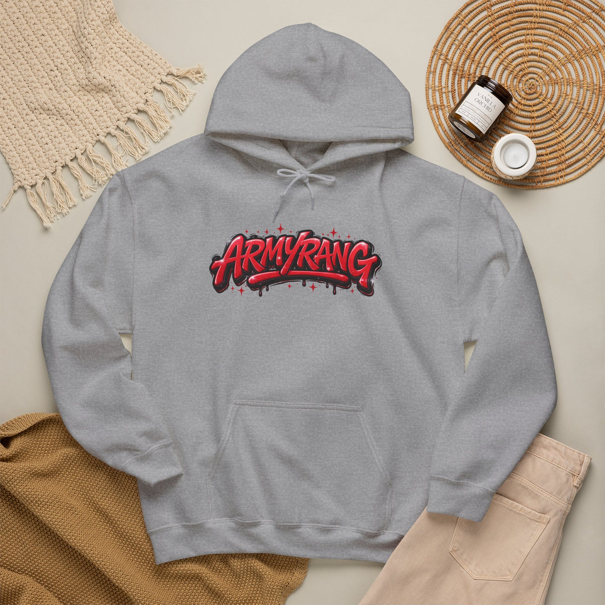 ArmyRang Graffiti Hoodie — Streetwear Pullover with Bold Red Logo