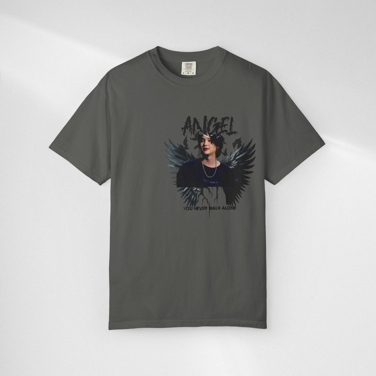 Angel Wings Graphic T-Shirt — 'Angel' Photo Tee with Dark Wing Illustration