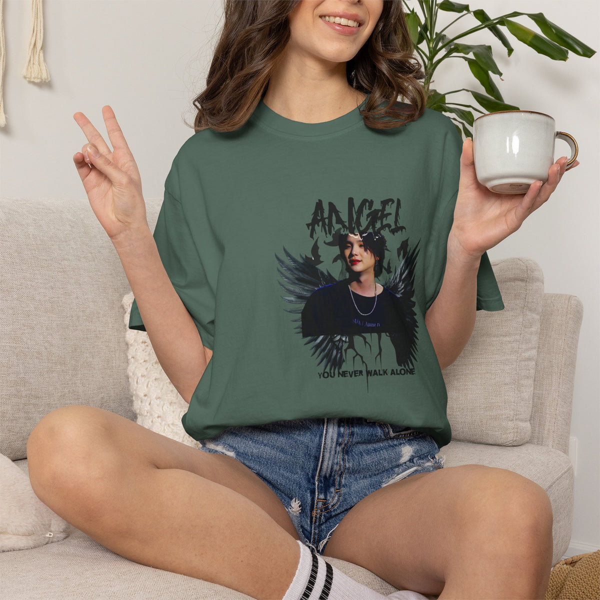 Angel Wings Graphic T-Shirt — 'Angel' Photo Tee with Dark Wing Illustration