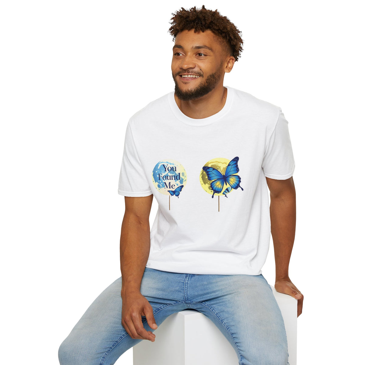 T-Shirt — 'You Found Me' Blue & Yellow Butterfly Graphic