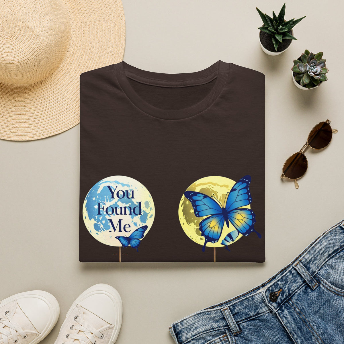 T-Shirt — 'You Found Me' Blue & Yellow Butterfly Graphic