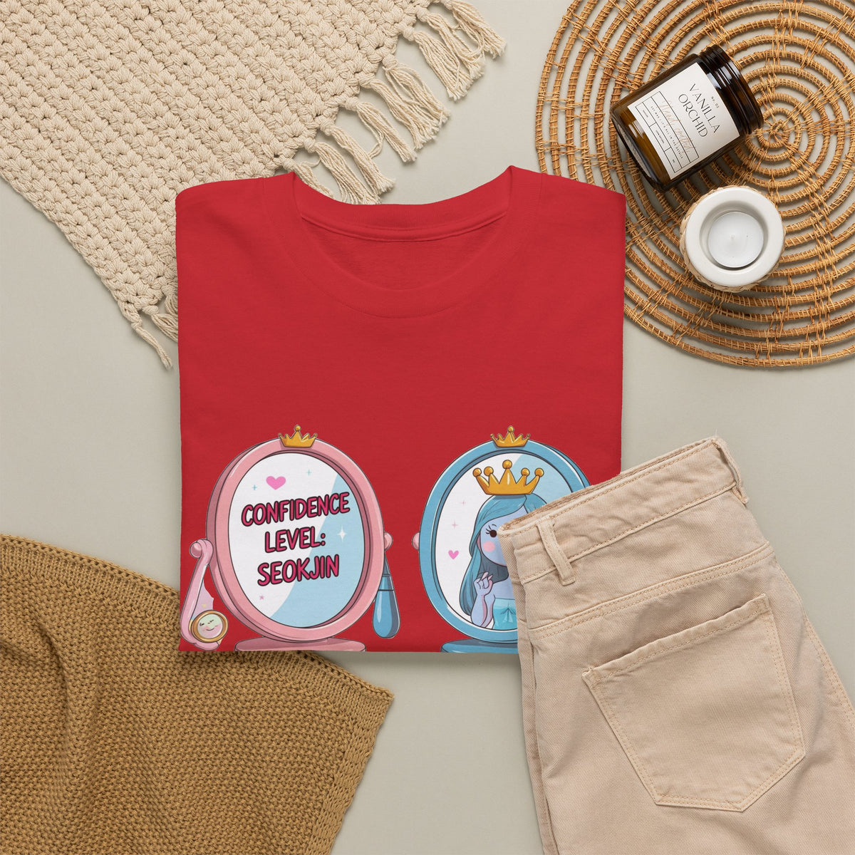 JIN Level Shirt — Cute Pink & Blue Mirrors Graphic Tee ("Comfort Level: Secure")