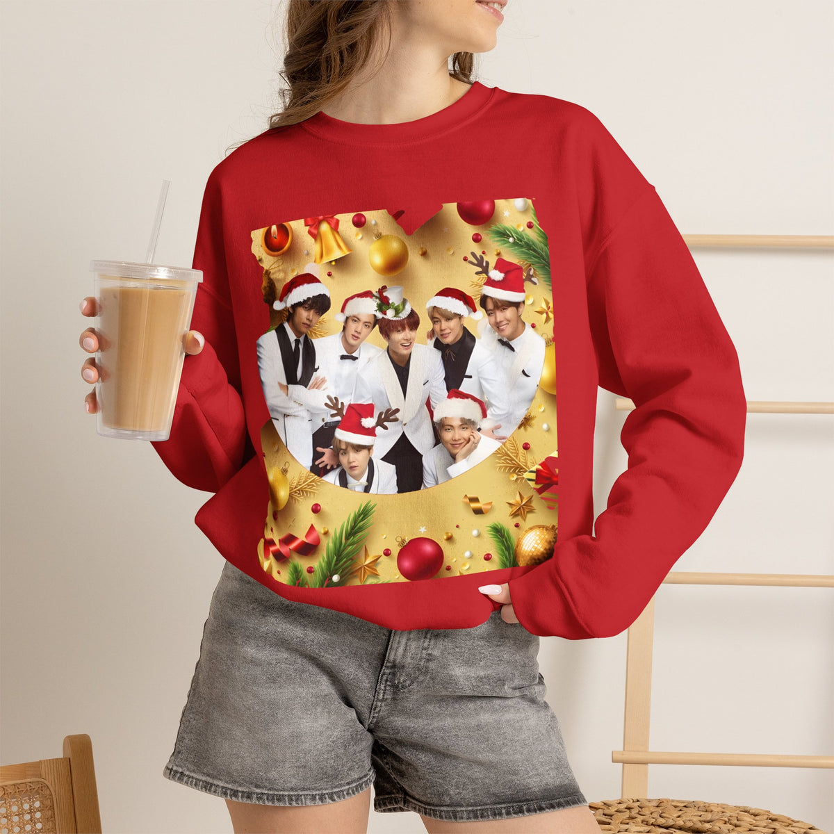 BTS Group Holiday Crewneck Sweatshirt — Festive Santa Hats Photo Design