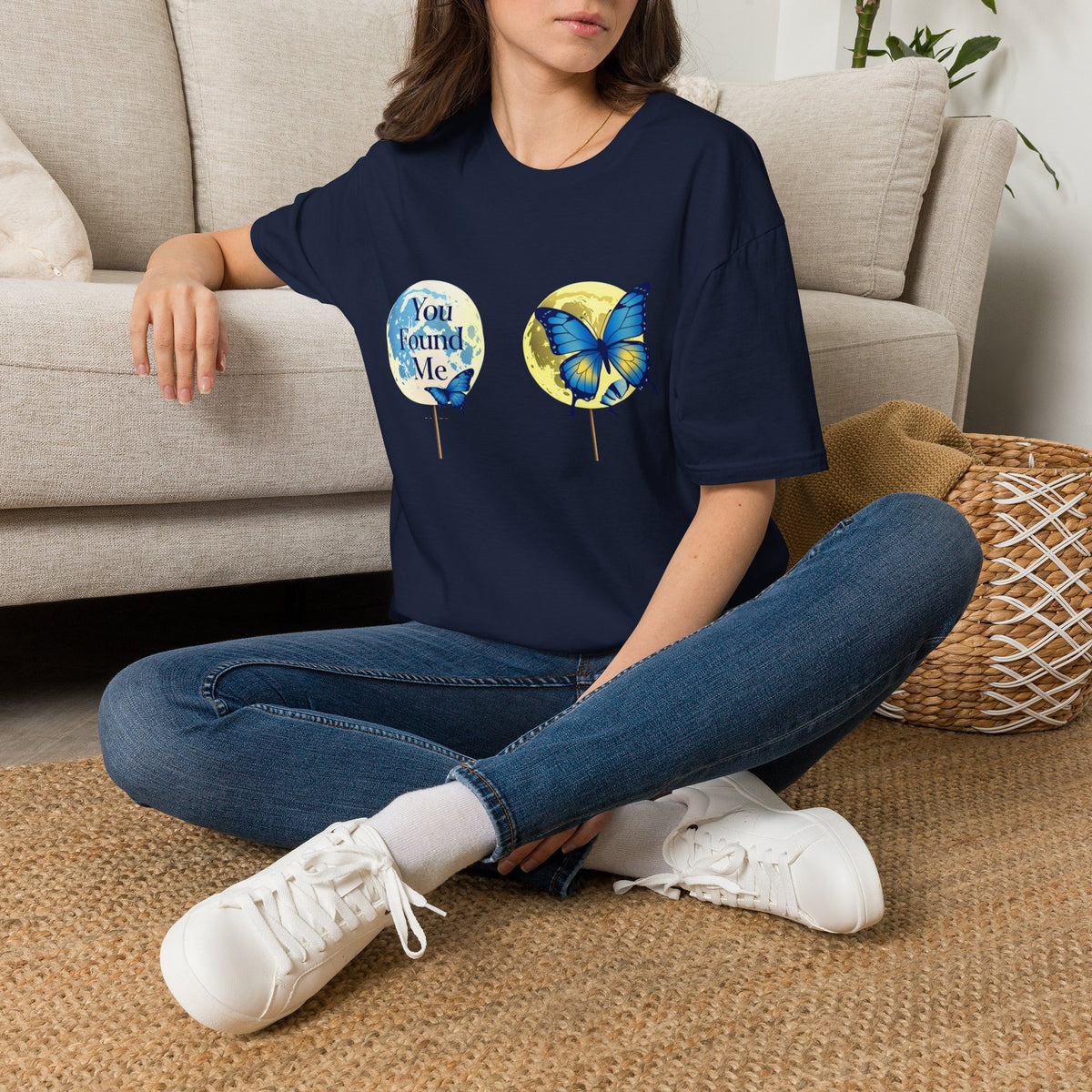 T-Shirt — 'You Found Me' Blue & Yellow Butterfly Graphic