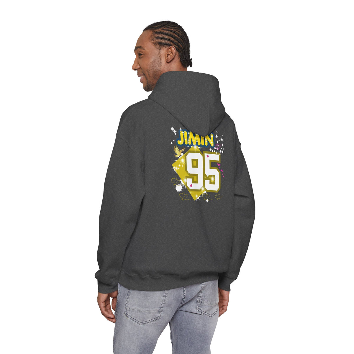 Jimin 95 Hoodie — K-Pop Fan Pullover with Photo Collage Front & Graphic Back