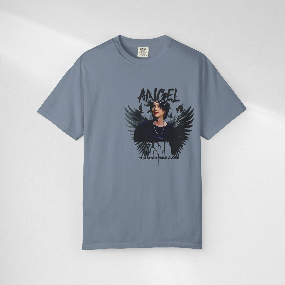 Angel Wings Graphic T-Shirt — 'Angel' Photo Tee with Dark Wing Illustration