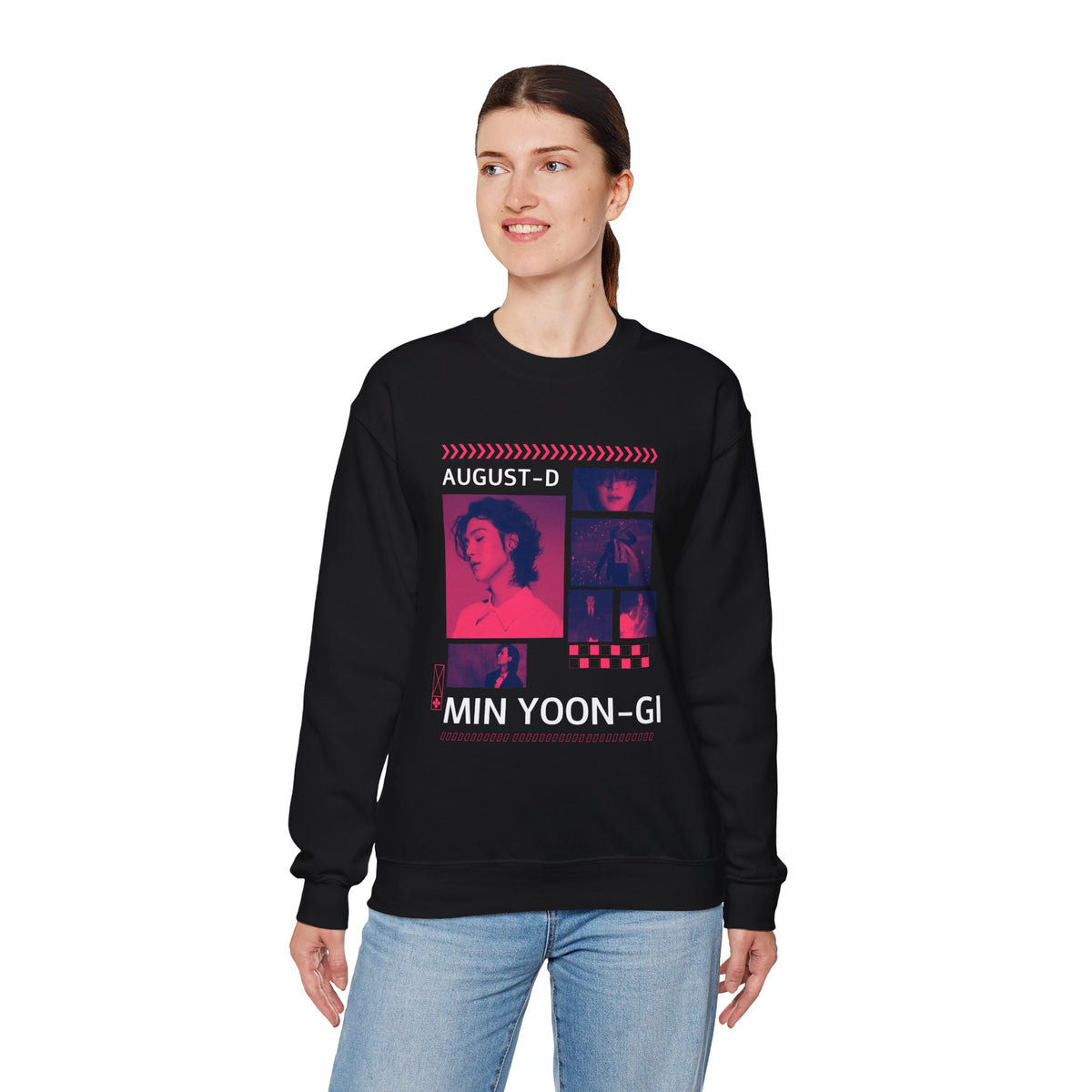 Suga Retro Photo Collage Sweatshirt — Pink Neon Portrait Crewneck