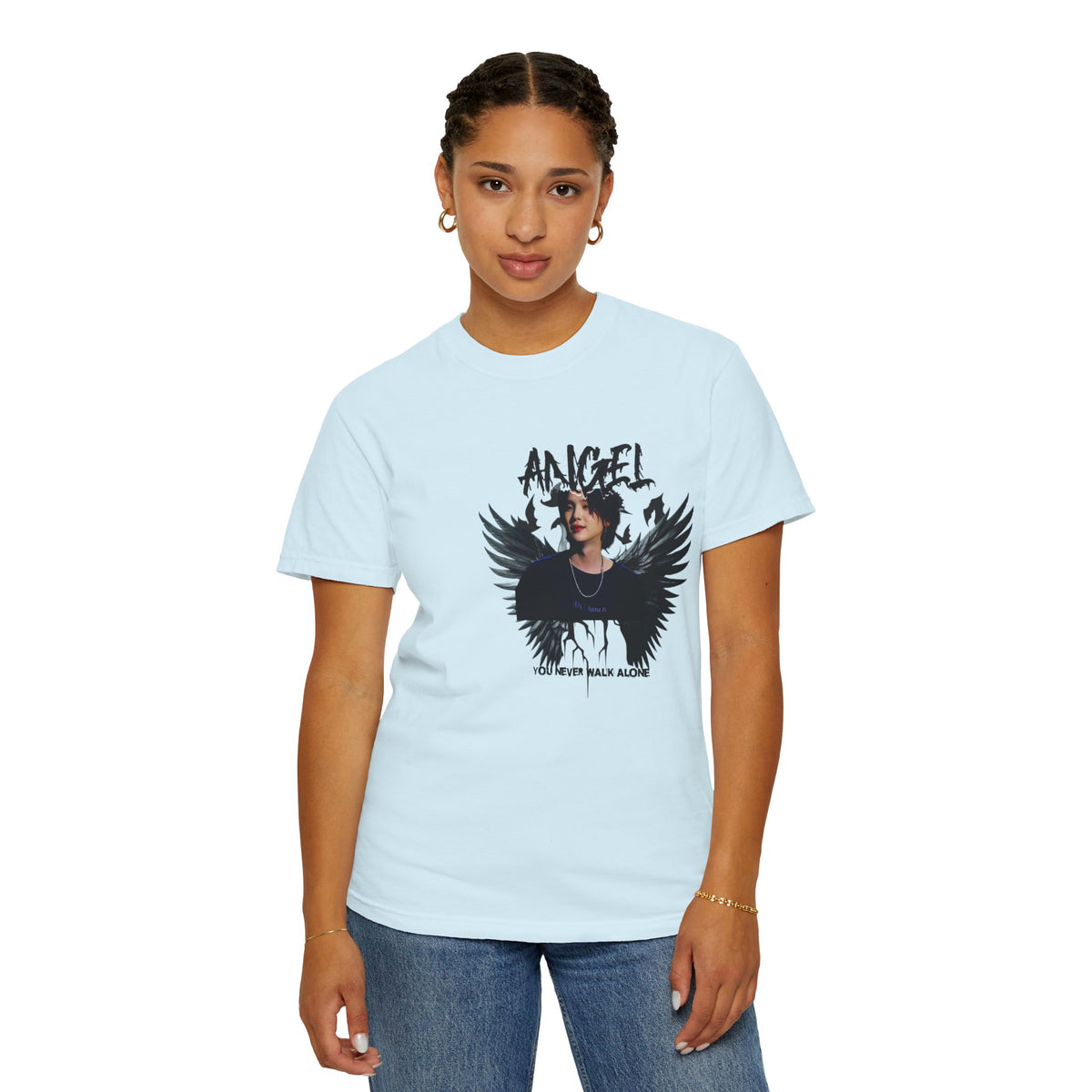 Angel Wings Graphic T-Shirt — 'Angel' Photo Tee with Dark Wing Illustration