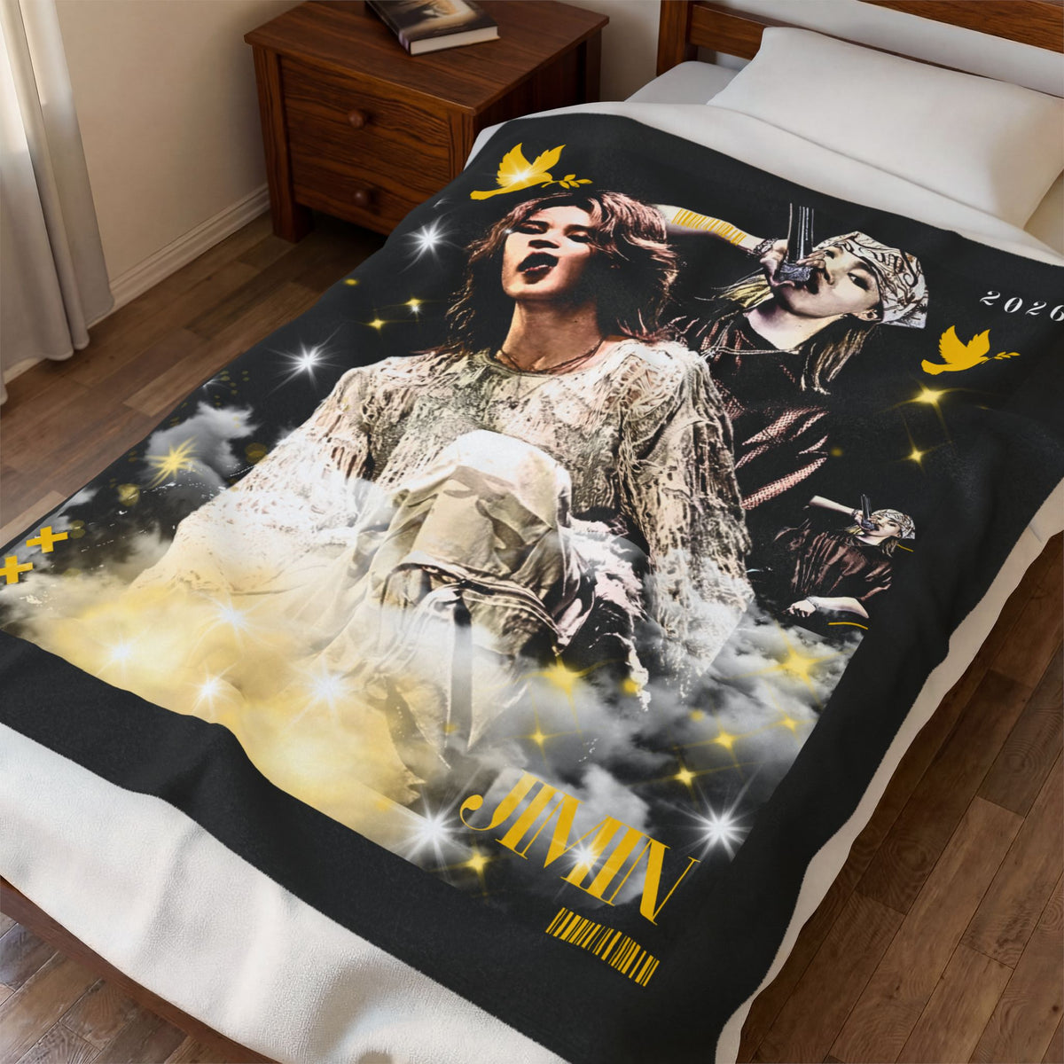 Jimin Velveteen Plush Blanket — Vintage Concert Collage Throw (Singer Portrait)