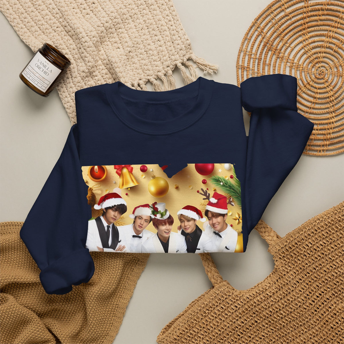 BTS Group Holiday Crewneck Sweatshirt — Festive Santa Hats Photo Design
