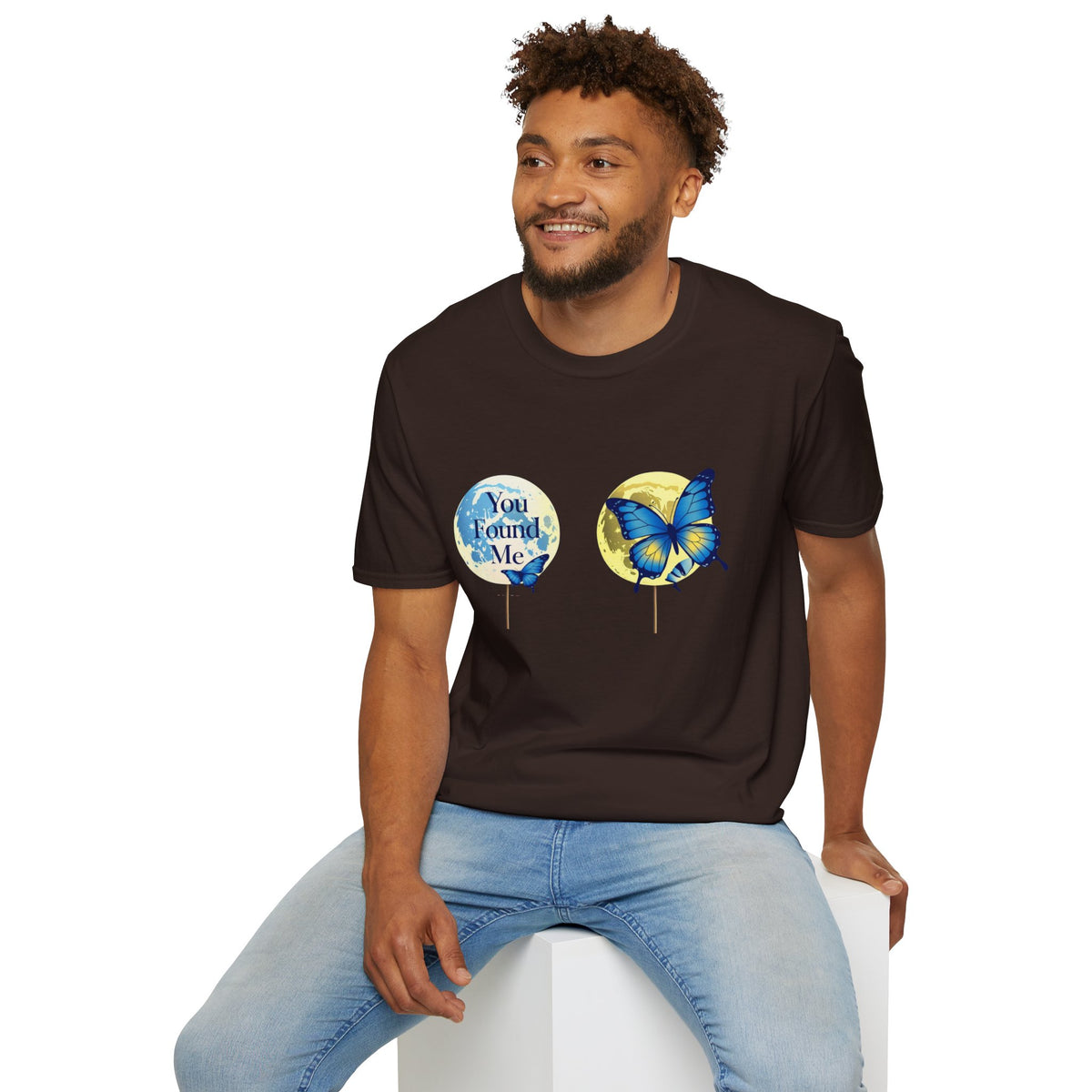 T-Shirt — 'You Found Me' Blue & Yellow Butterfly Graphic