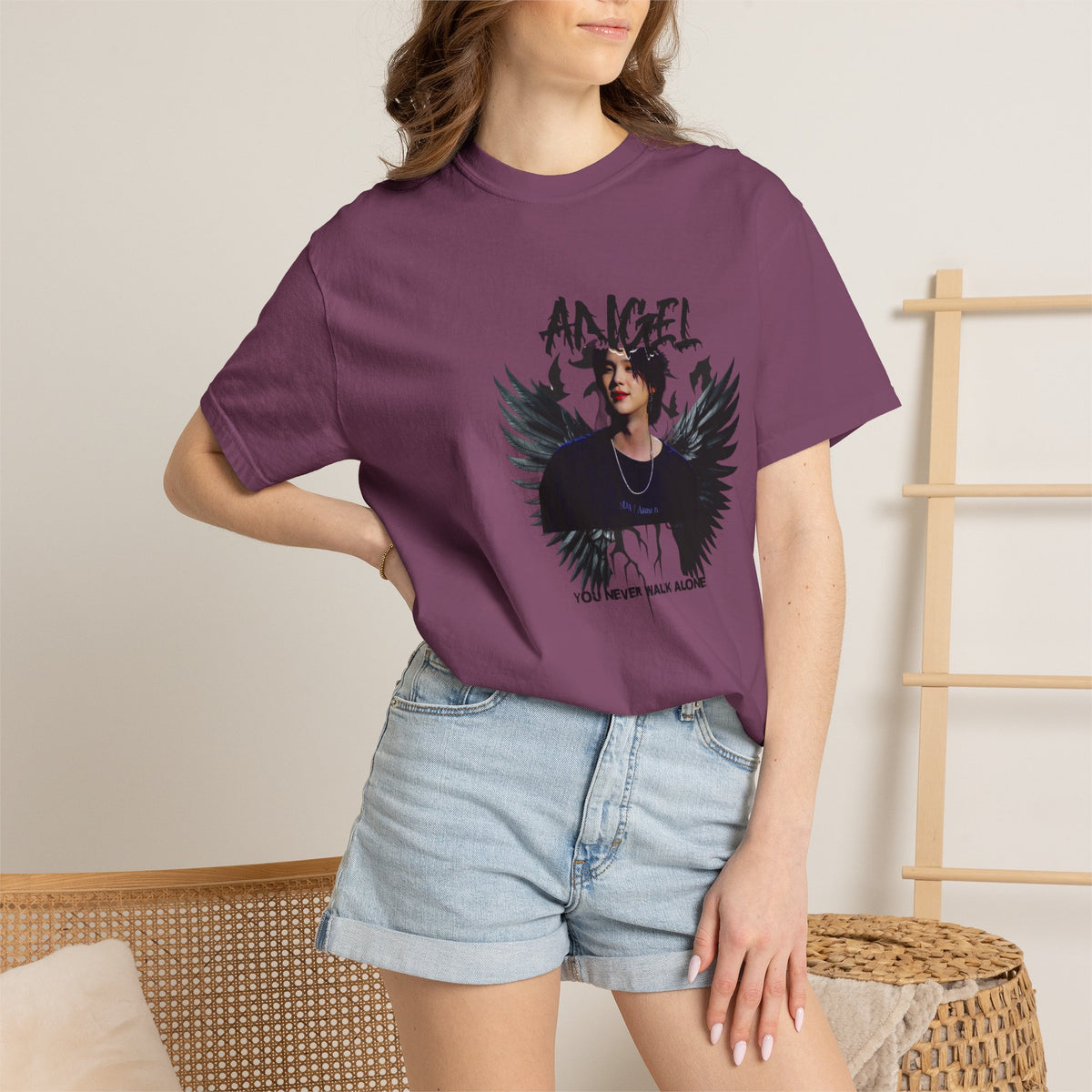 Angel Wings Graphic T-Shirt — 'Angel' Photo Tee with Dark Wing Illustration