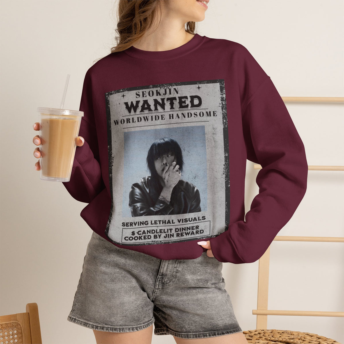 Crewneck Sweatshirt — 'Seojin Wanted: Worldwide Handsome' Vintage Poster Graphic
