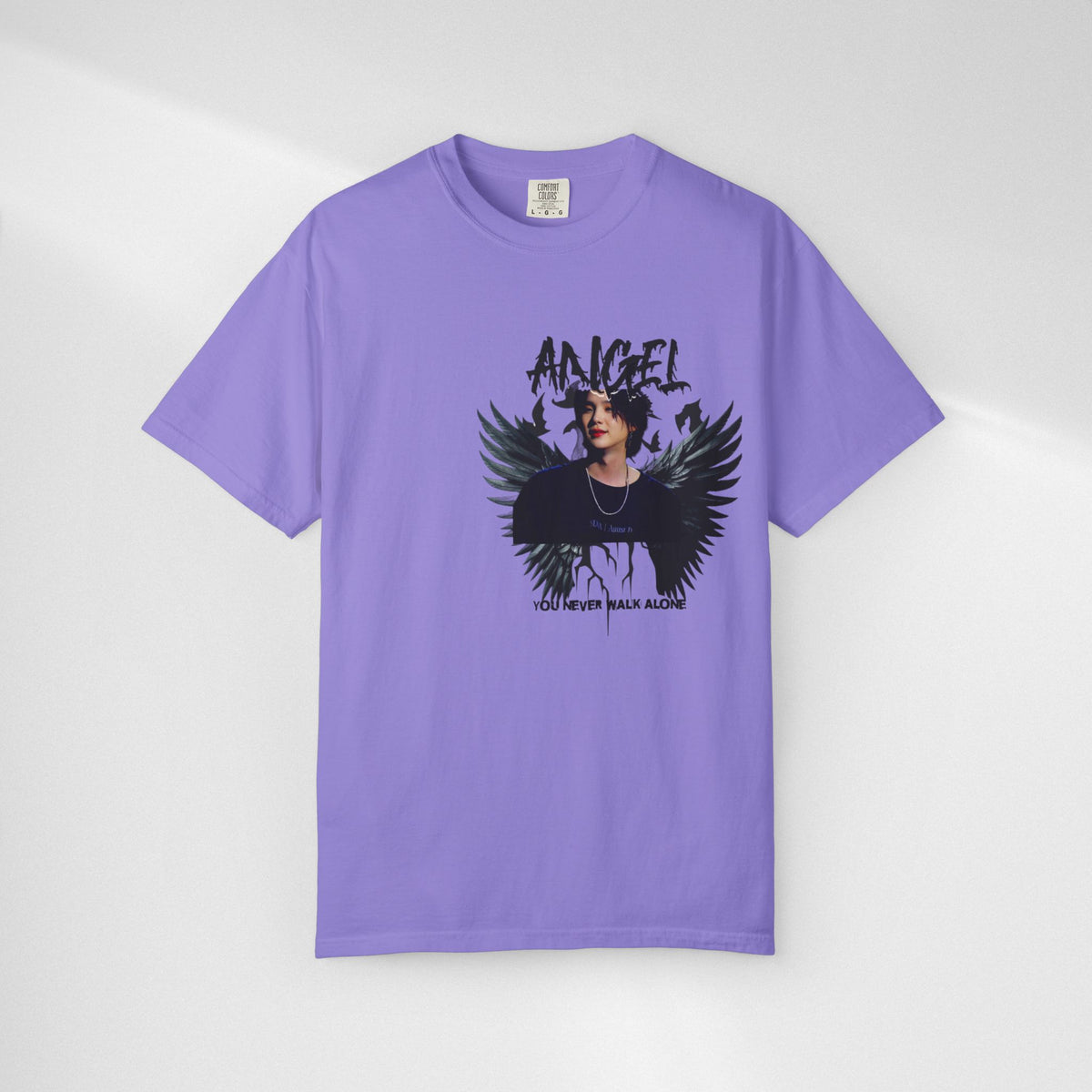 Angel Wings Graphic T-Shirt — 'Angel' Photo Tee with Dark Wing Illustration