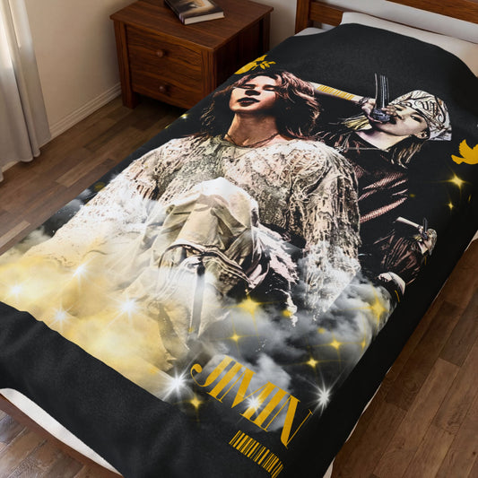 Jimin Velveteen Plush Blanket — Vintage Concert Collage Throw (Singer Portrait)