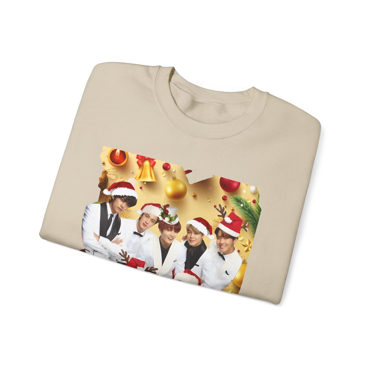 BTS Group Holiday Crewneck Sweatshirt — Festive Santa Hats Photo Design
