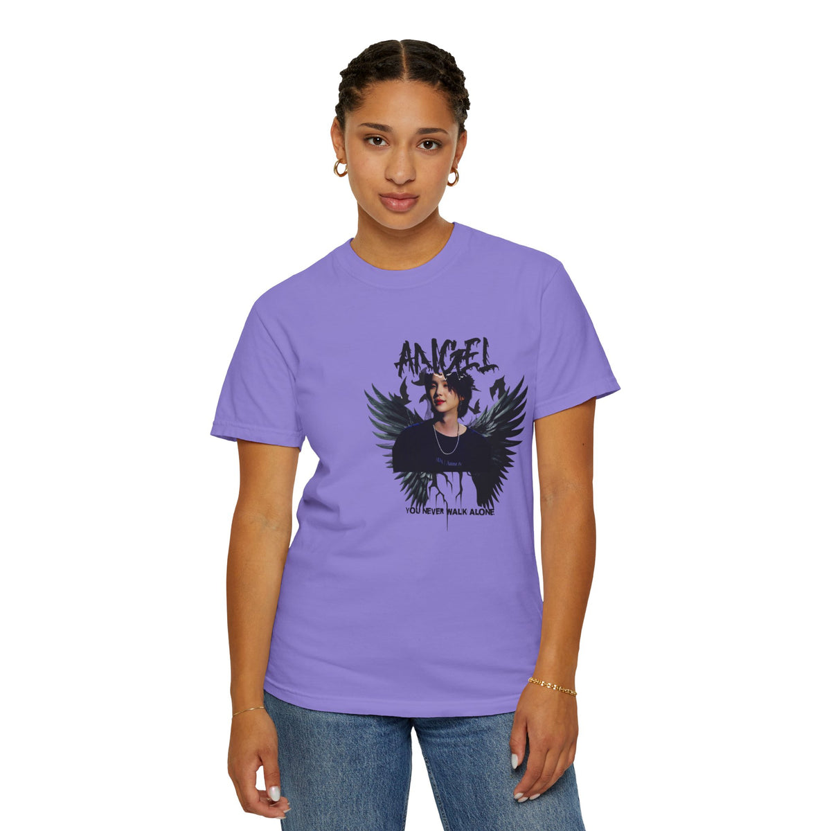 Angel Wings Graphic T-Shirt — 'Angel' Photo Tee with Dark Wing Illustration