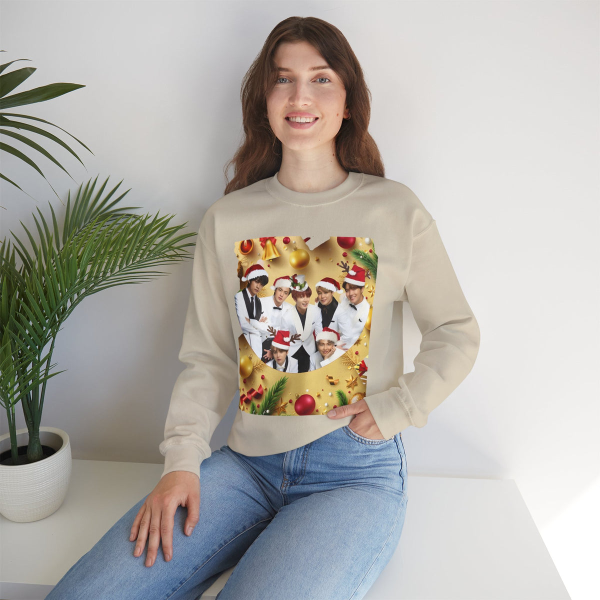 BTS Group Holiday Crewneck Sweatshirt — Festive Santa Hats Photo Design