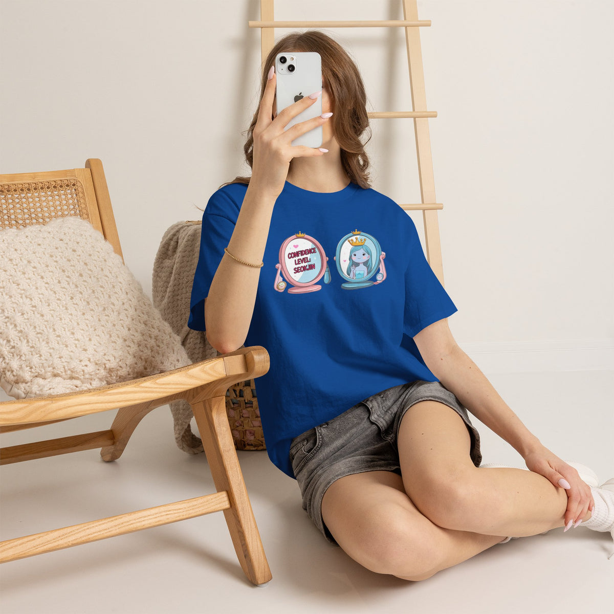 JIN Level Shirt — Cute Pink & Blue Mirrors Graphic Tee ("Comfort Level: Secure")