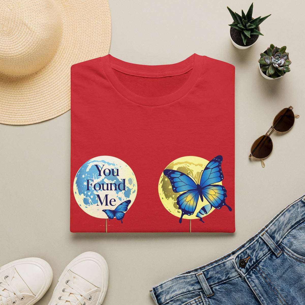 T-Shirt — 'You Found Me' Blue & Yellow Butterfly Graphic