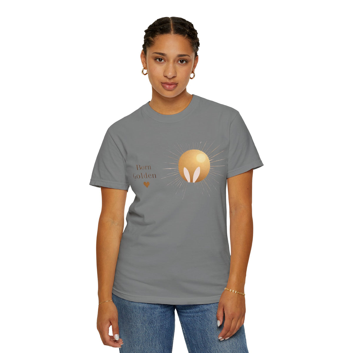 JK Born Golden Tee — Minimal Sun Badge Graphic T-Shirt