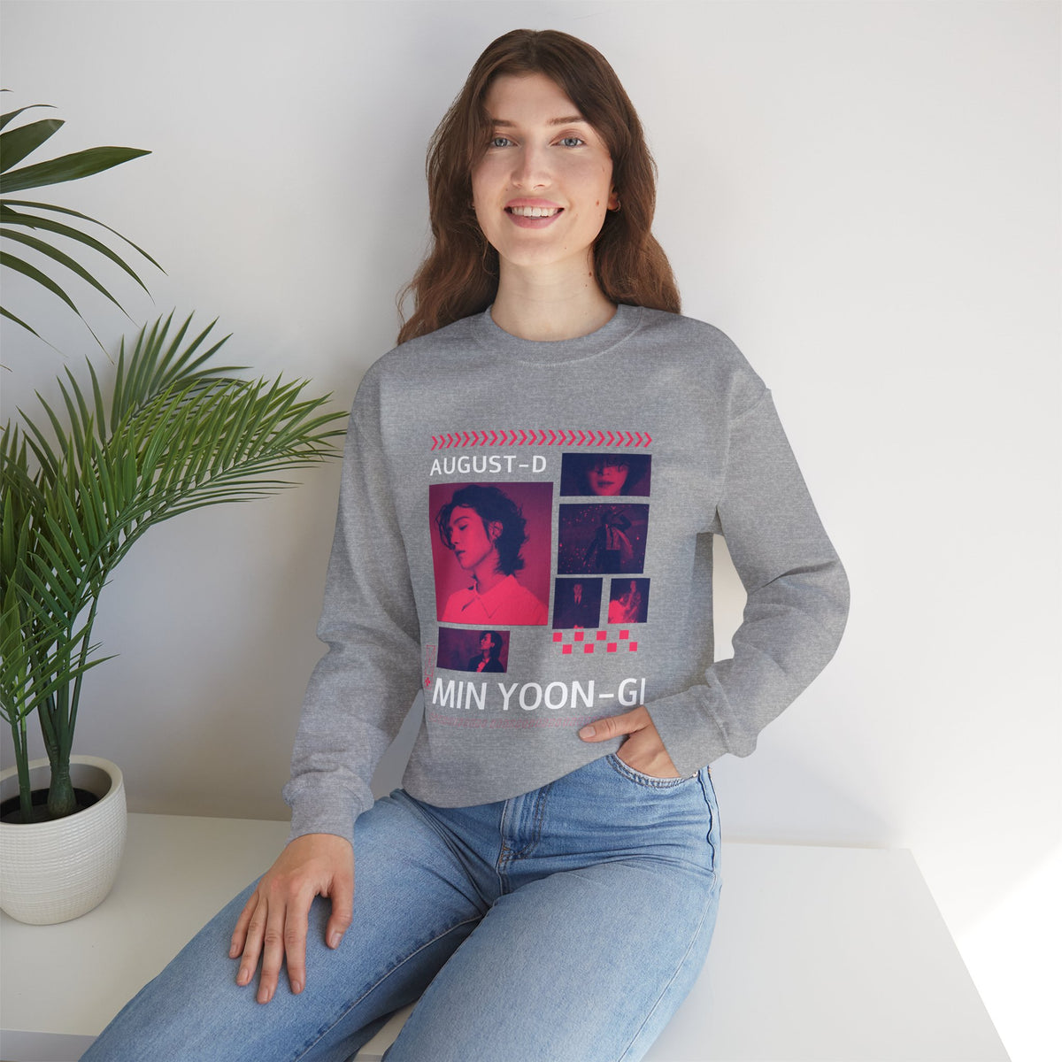 Suga Retro Photo Collage Sweatshirt — Pink Neon Portrait Crewneck