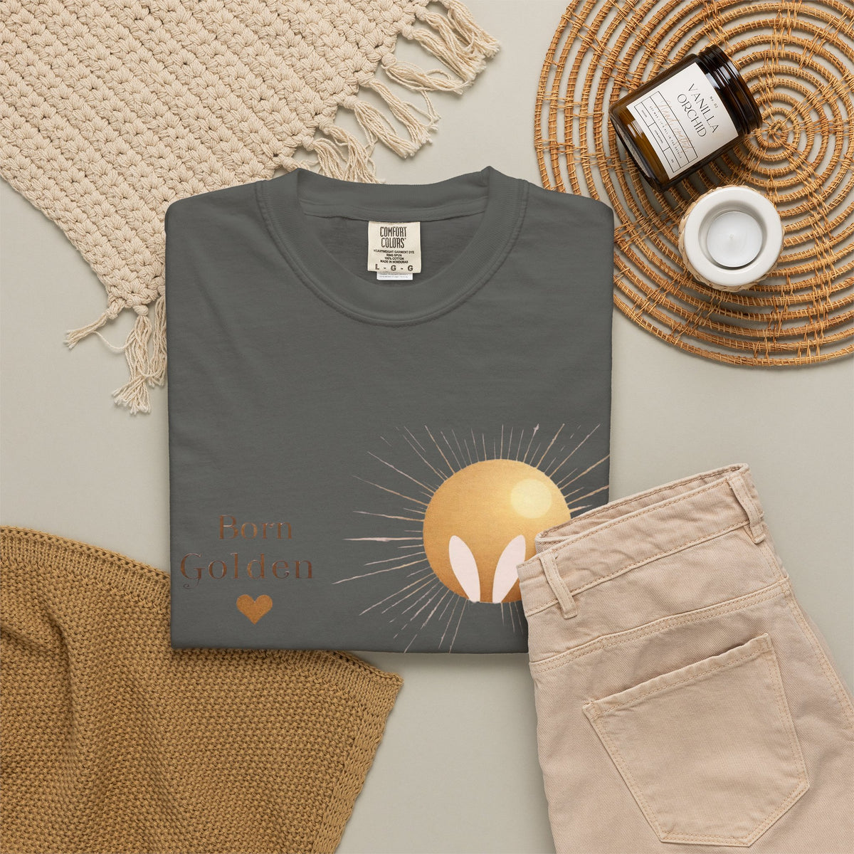 JK Born Golden Tee — Minimal Sun Badge Graphic T-Shirt