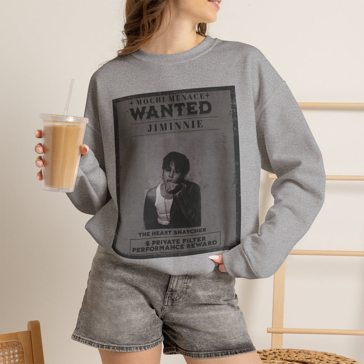 Wanted Poster Crewneck Sweatshirt — 'WANTED: Jiminie' Vintage K-Pop Graphic