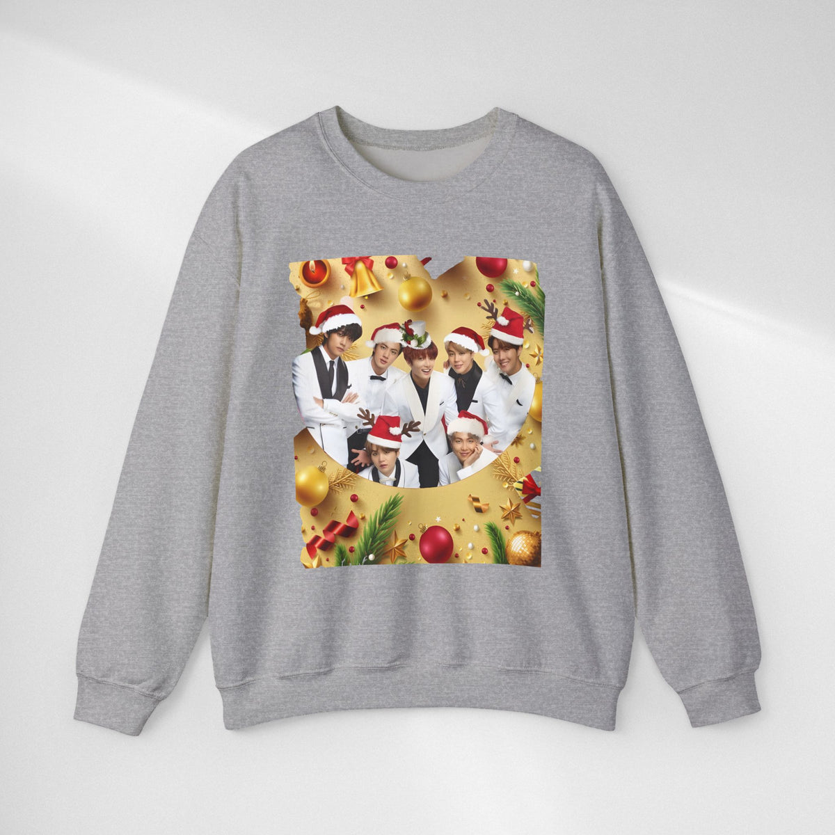 BTS Group Holiday Crewneck Sweatshirt — Festive Santa Hats Photo Design