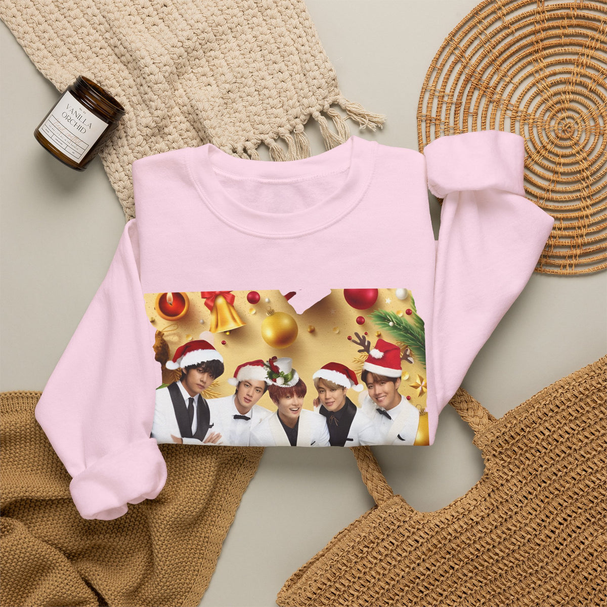 BTS Group Holiday Crewneck Sweatshirt — Festive Santa Hats Photo Design