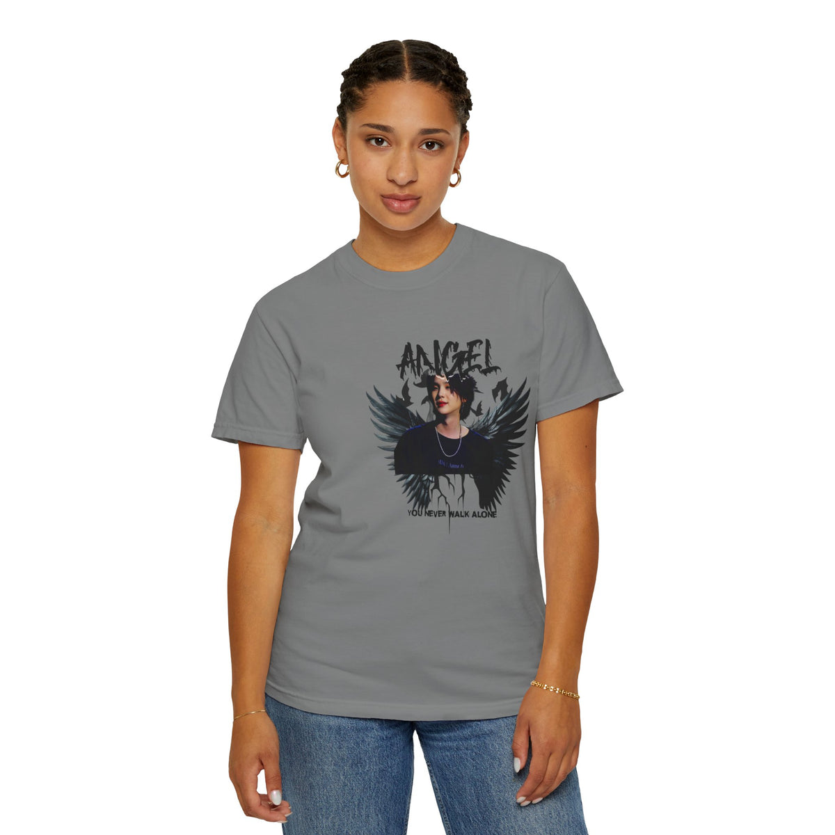 Angel Wings Graphic T-Shirt — 'Angel' Photo Tee with Dark Wing Illustration