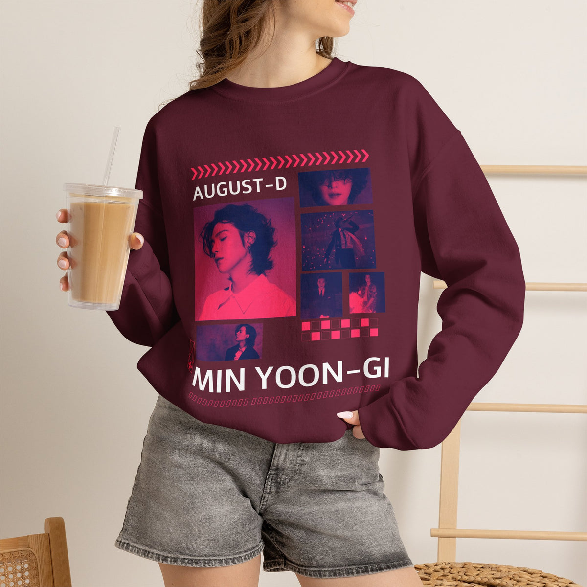 Suga Retro Photo Collage Sweatshirt — Pink Neon Portrait Crewneck