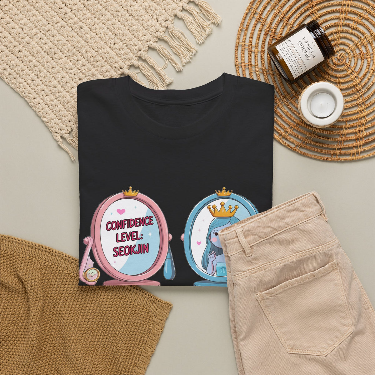 JIN Level Shirt — Cute Pink & Blue Mirrors Graphic Tee ("Comfort Level: Secure")
