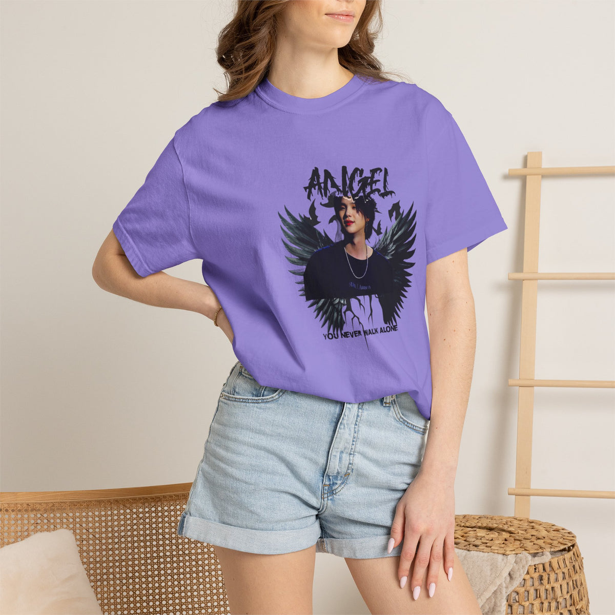 Angel Wings Graphic T-Shirt — 'Angel' Photo Tee with Dark Wing Illustration